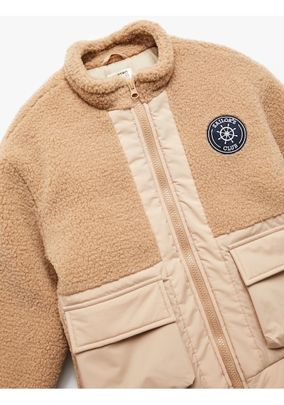 Koton Uzun Kollu Dik Yaka Fermuarlı Cepli Polar Detaylı Ceket Bej 6wkb20018tw Ekru