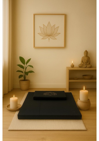 60x60 Meditasyon Minderi Seti İkili Yoga Meditasyon Minderi Lotus Çiçeği Baskılı Meditasyon Minderi Siyah