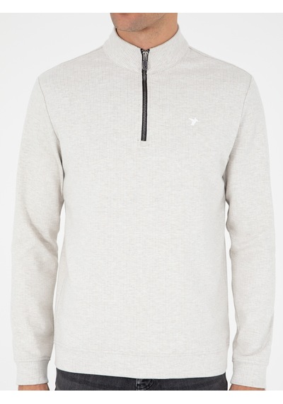 Ekru Regular Fit Pamuk Karışımlı Yarım Fermuarlı Sweatshirt Bej