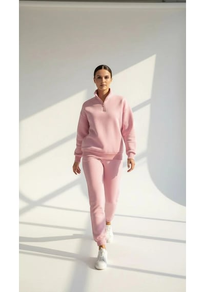 Kazax 3 İplik Şardonlu Yarım Fermuarlı Sweatshirt Somon Somon