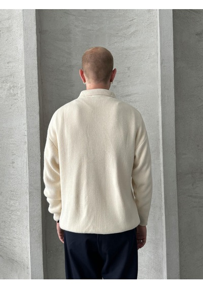 Erkek Polo Yaka Örme Oversize Kazak Krem