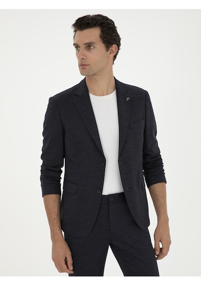 Cacharel Koyu Lacivert Slim Fit Mikro Desenli Yün Karışımlı Ceket