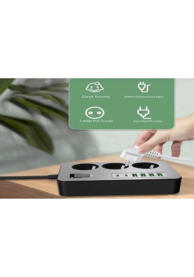 3 Lü Akım Korumalı Grup Priz 4 Usb + 2 Usb-c Çıkışlı, 2 Metre Kablolu, Çocuk Korumalı, Açma Kapama Anahtarlı 2 M
