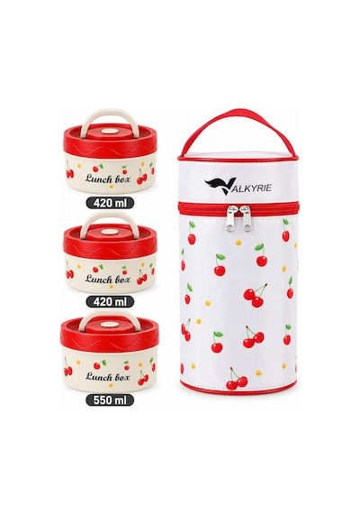Valkyrie 3 Katlı Paslanmaz Çelik Kirazlı Yemek Termosu Lunch Box 1390 Ml Taşıma Çantalı Isı Yalıtımlı Kırmızı