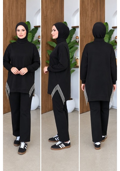 Aymiraa Kadın Püskül Detaylı Rahat Kalıp Tesettür Sweatshirt Tunik Siyah Siyah