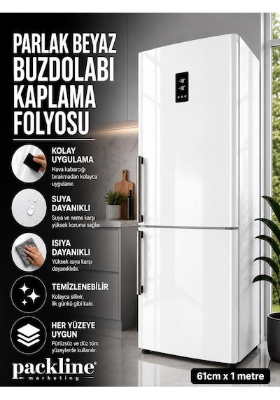 Packline Marketing Parlak Beyaz Buzdolabı Kaplama Folyosu 61cm X 1metre 010 - Parlak Beyaz