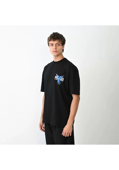 Modi Green Baskılı Unisex Günlük Stil Siyah Hip-hop Kültürü Rahat Kalıp Tişö