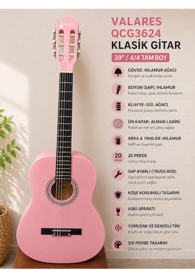 Valares Qcg3624 Klasik Gitar Soft Pembe Tasarım 39 4/4 Sap Ayarlı Köşe Korumalı Askı Aparatlı Yumuşak Tını