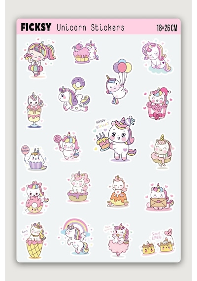 Sevimli Kawaii Unicorn At Ve Kedi Doğum Günü Temalı Sticker Seti - 19 Adet Etiket Çıkartma Diğer