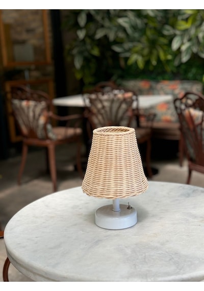 Rattan & Bambu Masa Üstü Kablosuz Pilli Abajur Masa Lambası Beyaz