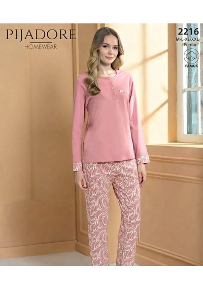 Feyza Pijadore Kadın Önü Düğmeli Uzun Kollu Mevsimlik Pijama Takımı 2216 Pembe