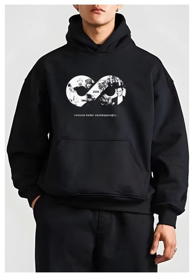 Suma Üç İplik Kapşonlu Baskılı Sweatshirt - Siyah