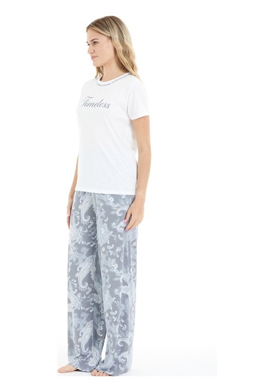 Lılac Kadın Çiçek Desenli %100 Viscon Pijama Takımı Beyaz-gri Beyaz-gri