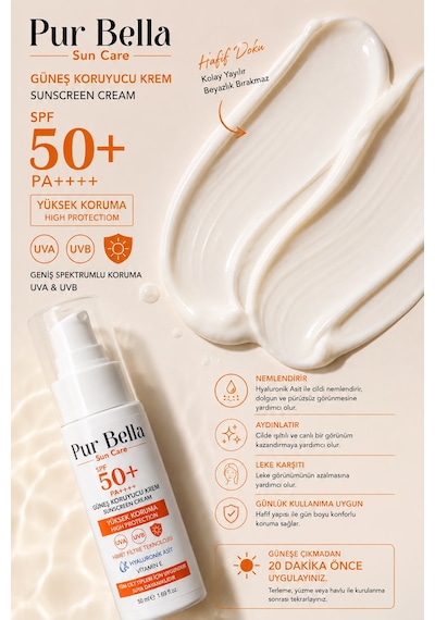 Pur Bella Güneş Kremi Spf+ 50 Leke Karşıtı Nemlendirici Aydınlatıcı Yüksek Koruma E Vitamini 50 Ml