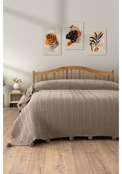 Sevim Çift Kişilik Ponponlu Triko Örme Battaniye - Yumuşak Doku & Şık Tasarım - Mint Yeşili - 220x240 Cm Bej Bej