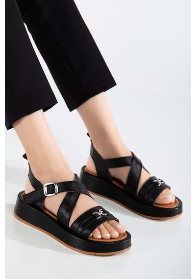 Analin Shoes Kadın Hakiki Deri Çapraz Bilekten Bantlı Günlük Sandalet Siyah