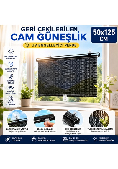 50x125 Cm Geri Çekilebilen Araç İçi Ön Cam Güneşlik, Ev Tipi Cam Güneşlik Uv Engelleyici Siyah