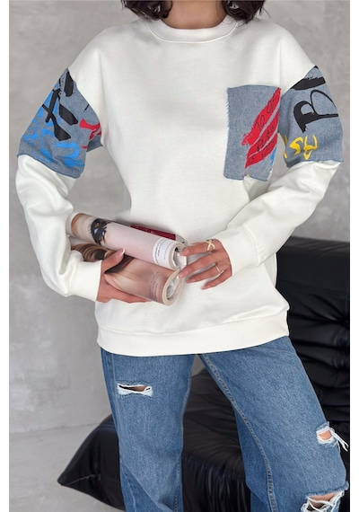 Femelle Kadın Beyaz Kot Detaylı İçi Pamuklu Sweatshirt - S76
