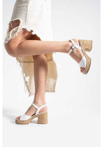 Dabab Shoes Loreva Kadın Beyaz Platform Taban 9 Cm Kalın Topuklu Bilekten Bantlı Sandalet