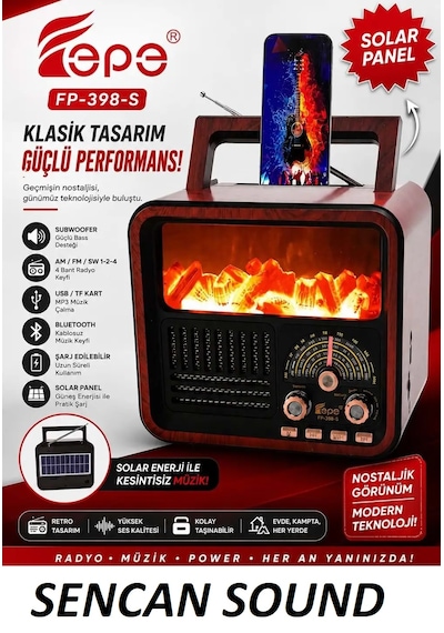 Fepe Fp-398 Şömine Efektli Retro Bluetooth-usb-sd-fm Şarjlı/ Ledli Nostaljik Radyo - Sencan Sound
