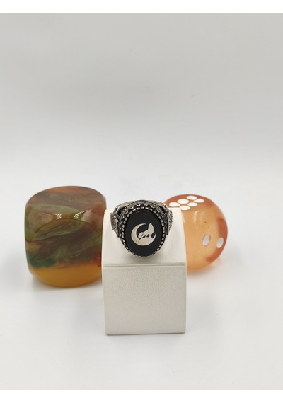 Siyah Kehribar Taşlı Hilal Bozkurt 925 Ayar 24 Mm 12,40 G. Erkek Yüzüğü Gümüş