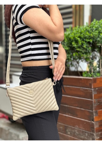 Sanmorris Kadın Suni Deri Kum Mat Ayarlanabilir Çapraz Ve El Askılı Deri Portföy, Clutch Çanta Kum - Bej