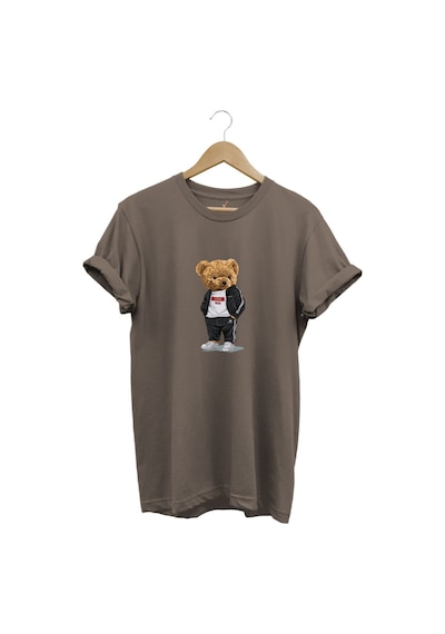Sevimli Ayıcık Baskılı Love Tasarımlı %100 Pamuk Regular Fit Bisiklet Yaka Unisex T-shirt Kahverengi