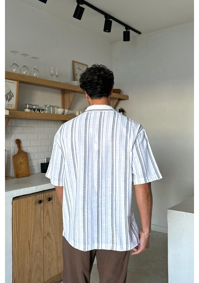 Flaw Çizgili Oversize Kısa Kol Gömlek Beyaz-25868 Beyaz