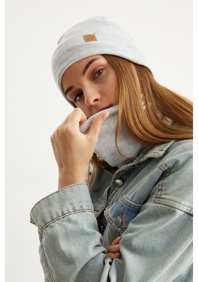 Butikgiz Kadın Balıkçı Style Pamuklu Kaşkorse Terletmez Ultra Hafif Yumuşak Bere Boyunluk Takım Melanj