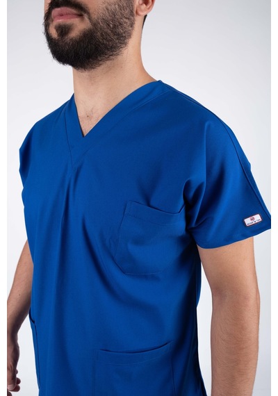 Saks Mavi Erkek Likralı Hemşire Ve Doktor Forması Takımı Scrubs Hastane Üniforması