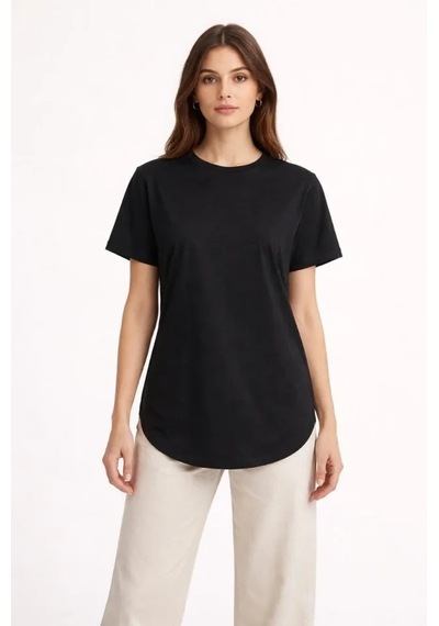 Defymoda Basic T-shirt Kısa Kol Bisiklet Yaka Oval Kesim Tişört - Siyah
