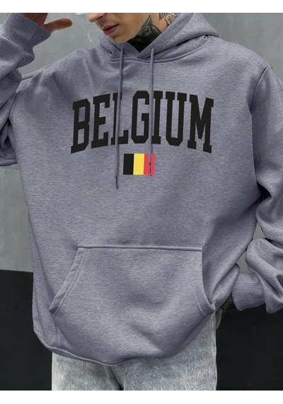 Startmore Tarzsokak Belçika Mektubu Ve Bayrak Baskılı Erkek Kapüşonlu Üstleri Hip Hop Unisex Kapüşonlu Sonbahar P Gri
