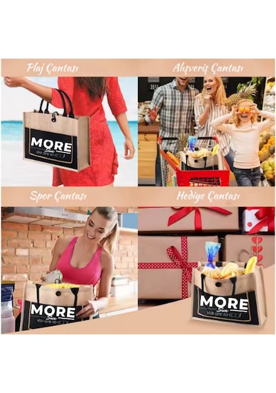 Moresun Organik Jüt Keten Kadın Çanta Orta Boy Tote El Ve Omuz Çantası -tablet & Telefon Cepli, Günlük Plaj Alışveriş Çantası 35x30x14 Cm Bej - Siyah