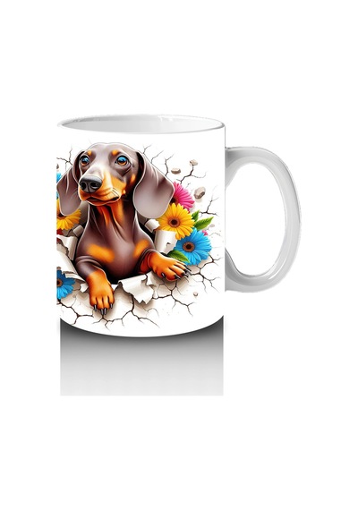 Renkli Çiçeklerle Süslenmiş Çatlak Zeminde Dachshund Köpek - Baskılı Kahve Kupası Renkli