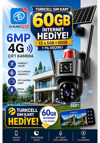 O-kam 7015 4g 6mp Dual Lens Güneş Panelli Solar Sirenli Güvenlik Kamerası 1 Yıl İnternet