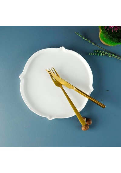 Lexroo Aryıldız Lunar Yuvarlak Servis Tabağı Porselen Kabartmalı Beyaz 23 Cm