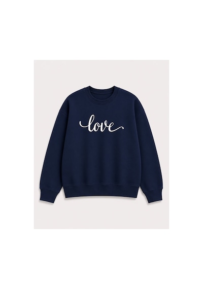 Herkesemoda Love Yazı Baskı Detaylı Şardonlu 2 İplik Bisiklet Yaka Sweatshirt Lacivert