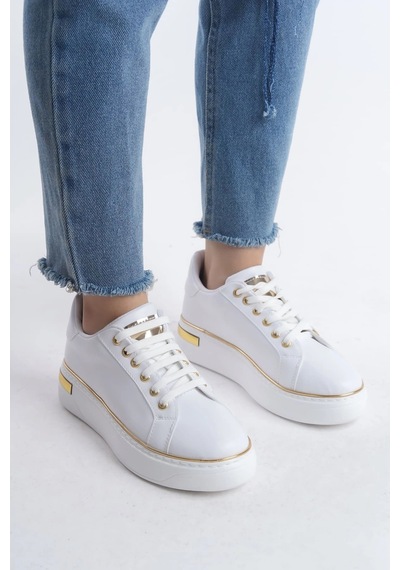 Mevese Elora Bağcıklı Konfor Taban Kadın Sneaker Beyaz/altın