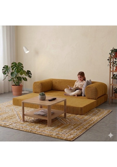 Herev 160x80 Sünger Koltuk İki Kişilik Kanepe Yataklı Yıkanabilir Kadife Kumaşlı Hardal Sarı