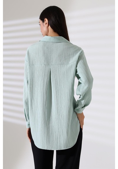 Ribana Uzun Kollu Durres Dokulu Çiçek Detaylı Serin Kumaş Kadın Gömlek Mint