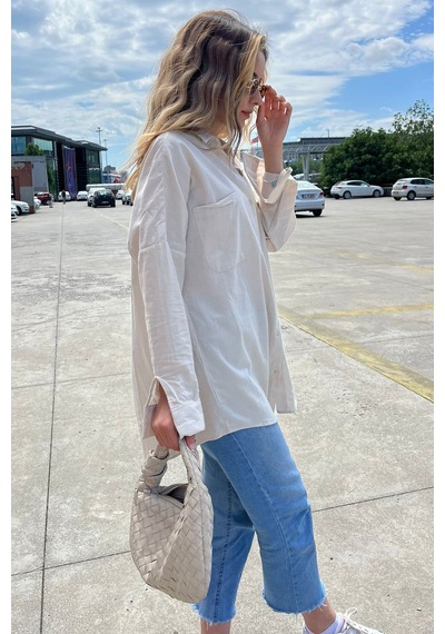 Madmext Bej Oversize Basic Cepli Poplin Gömlek Mg1530 Bej