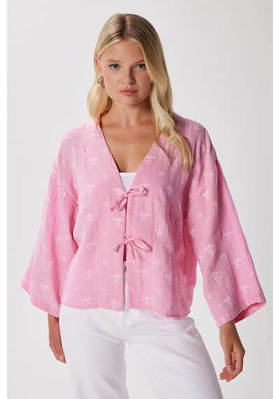 Ritnice Kadin Flora Müslin Kabartma Dokulu Pembe Kimono Pembe