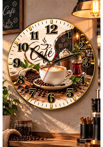 Kahve Cafe Temalı Duvar Saati 45 Cm Kahve Dükkanı Kafe Mutfak Uv Baskı Sessiz Akar Mekanizma 921 Çok Renkli