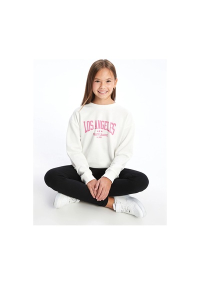 LC Waikiki Beyaz Bisiklet Yaka Kız Çocuk Sweatshirt