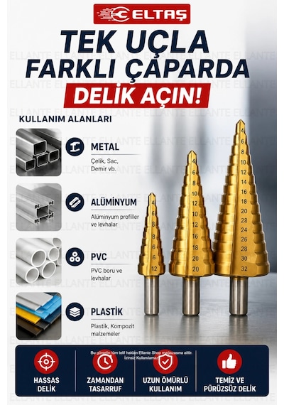 3 Parça Hss Titanyum Kaplamalı Kademeli Matkap Ucu Seti 4-12 / 4-20 / 4-32 Mm