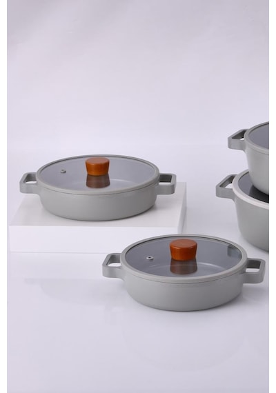 Neoflam Fika Cam Kapaklı Alüminyum 2'li Sahan Set 20 - 22cm Gri