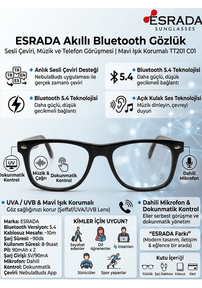 Esrada Akıllı Bluetooth Gözlük Sesli Çeviri, Müzik Ve Telefon Görüşmesi Mavi Işık Korumalı Tt201 C02 50
