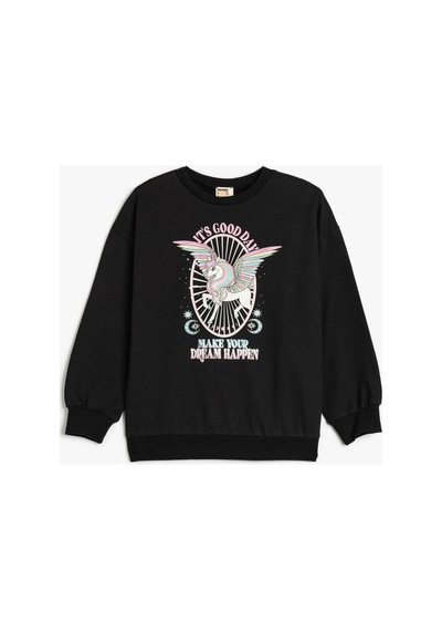 Koton Kız Çocuk Sweatshirt Unicorn Baskılı Uzun Kollu Bisiklet Yaka Şardonlu Siyah