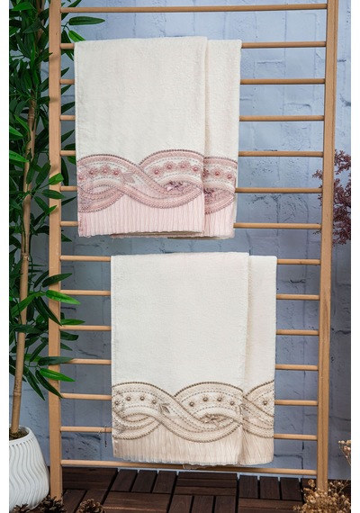 %100 Pamuk Fiyonk Güpürlü Çeyizlik 4'lü Havlu 50x90 - Pudra - Viz Pudra - Vizon
