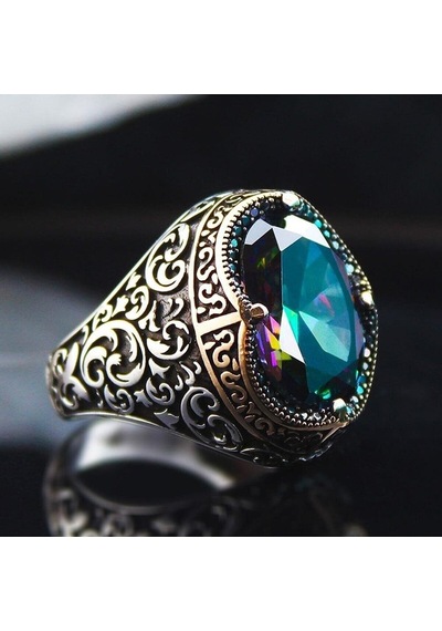 Vog Karışık Renk Mistik Topaz Yanı Desen Işlemeli Özel Seri 925 Ayar Erkek Gümüş Yüzük